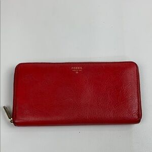 Fossil Red Leather Wallet Gold Zip Around Pink lined Slip pockets Cards Cash